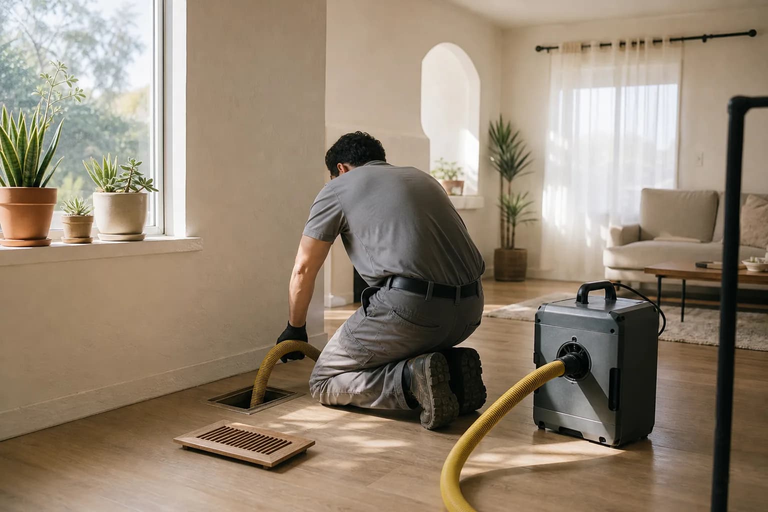 Technician in work clothes connects a negative air hose to a floor vent in a sunlit San Diego living room during air duct cleaning.