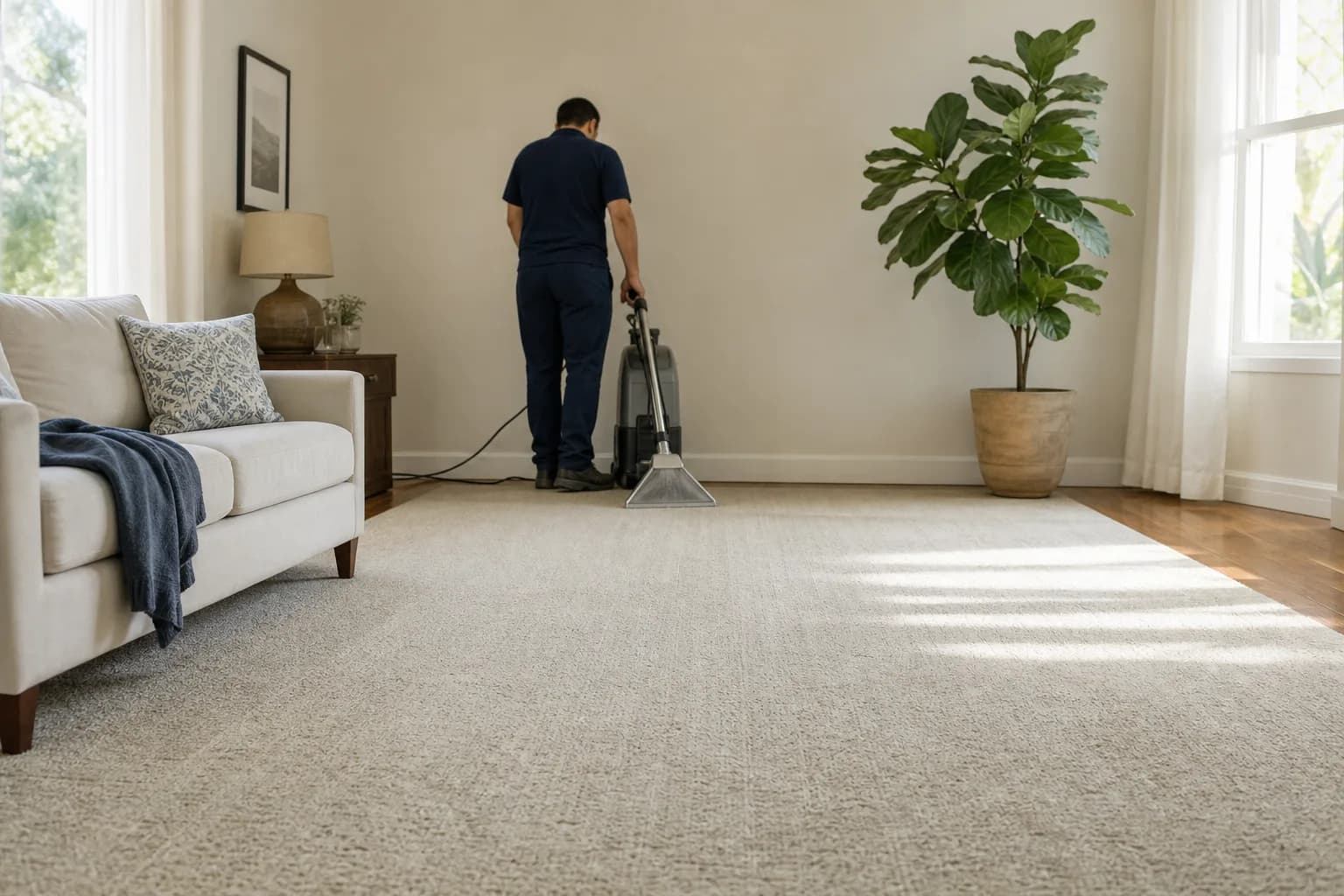 A technician in navy work clothes runs a carpet extractor on a freshly cleaned beige carpet in a sunlit San Diego living room.