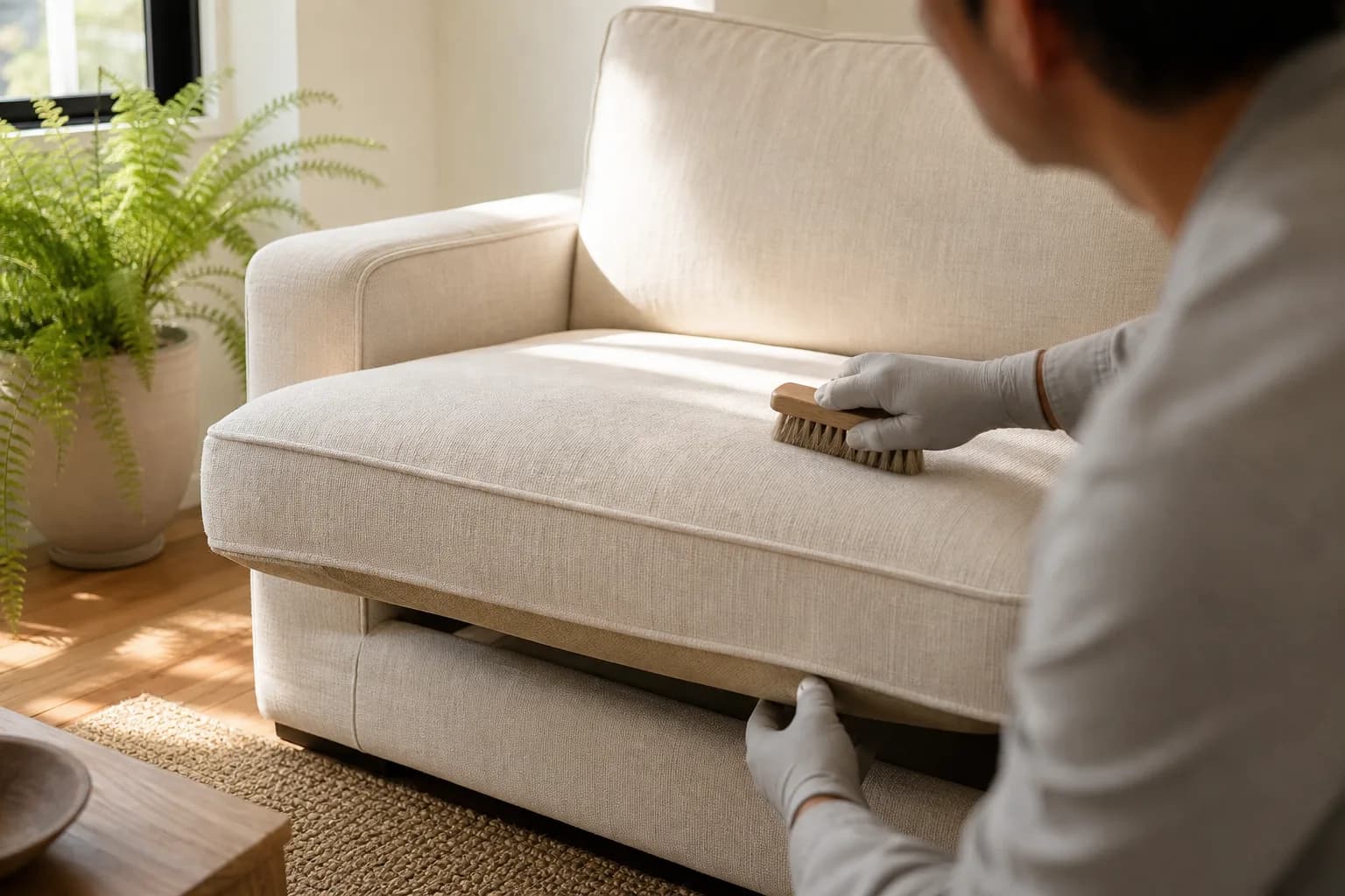 Gloved hands brush a linen couch cushion in a sunny Southern California living room, showing upholstery cleaning care.