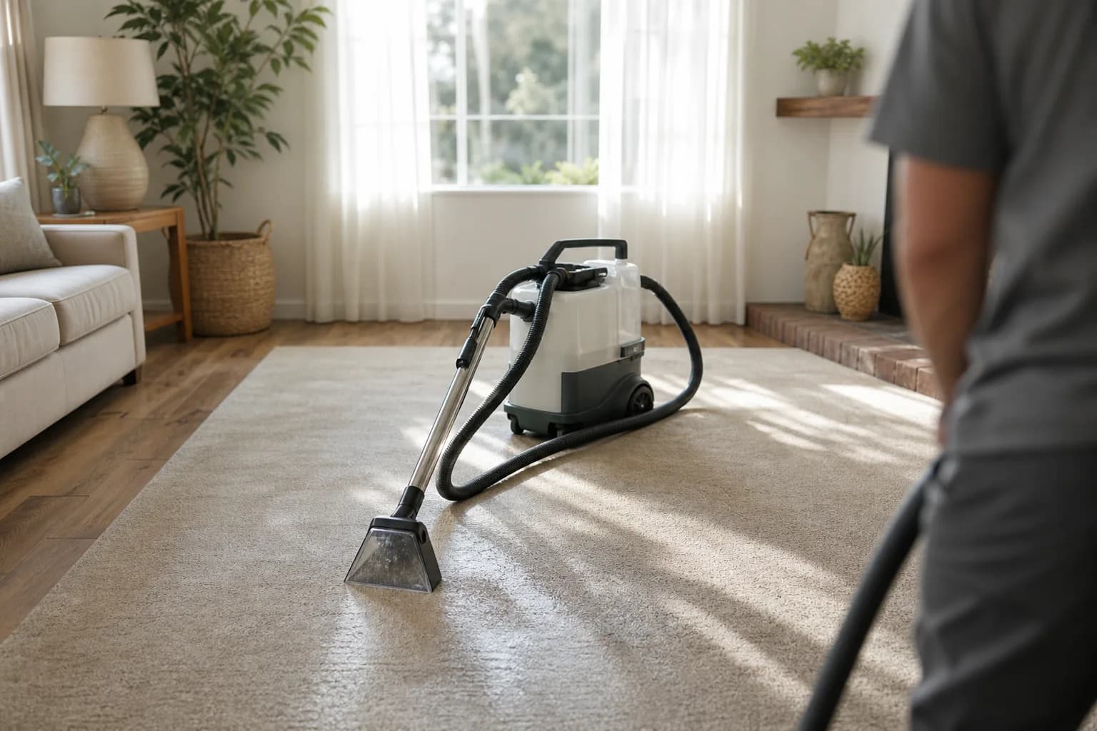 Hot-water extraction carpet cleaning machine and wand resting on a freshly cleaned beige carpet in a bright San Diego living room.